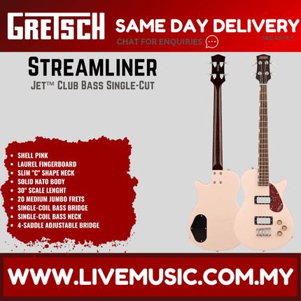 Gretsch Streamliner Jet Club Bass Single-Cut Guitar, Laurel FB, Shell Pink