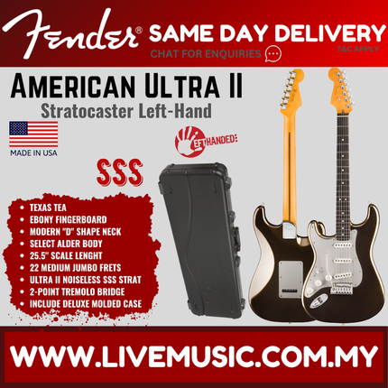 Fender American Ultra II Stratocaster LH Electric Guitar, Ebony FB, Texas Tea