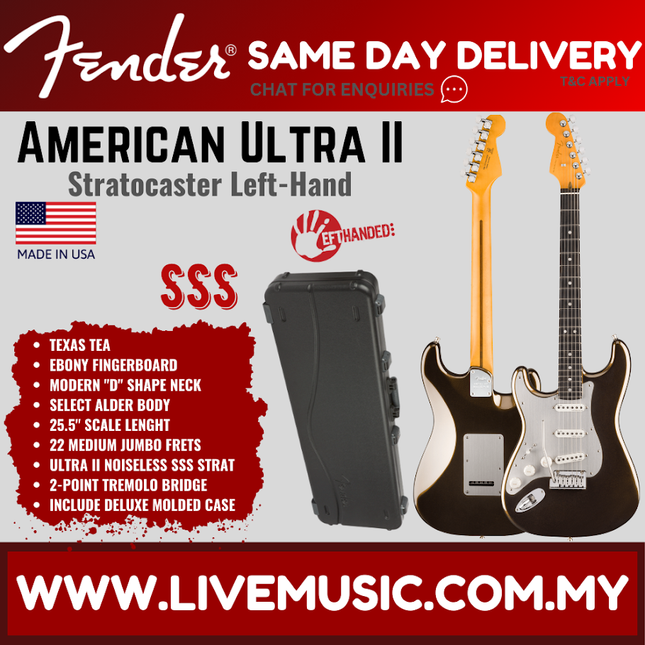 Left-handed Fender electric Stratocaster with hard case, ebony fretboard