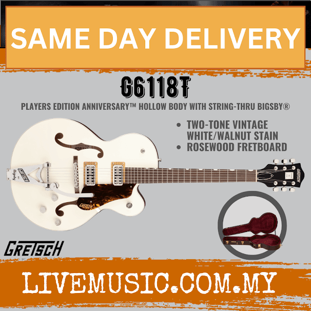 Gretsch G6118T Players Edition Anniversary Guitar w/Bigsby, 2-Tone Vintage White / Walnut Satin