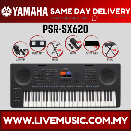 Gray 61-key arranger keyboard with built-in controls and display, front view.