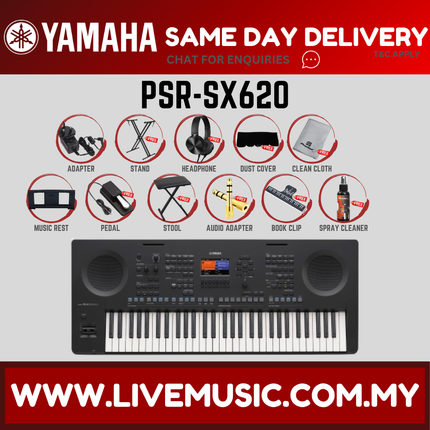 Gray 61-key arranger keyboard shown with accessory options like adapter, pedal, dust cover.