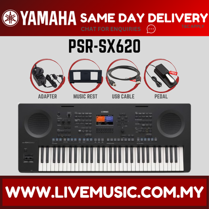 Gray 61-key arranger keyboard front view with music rest, USB cable, and pedal shown.