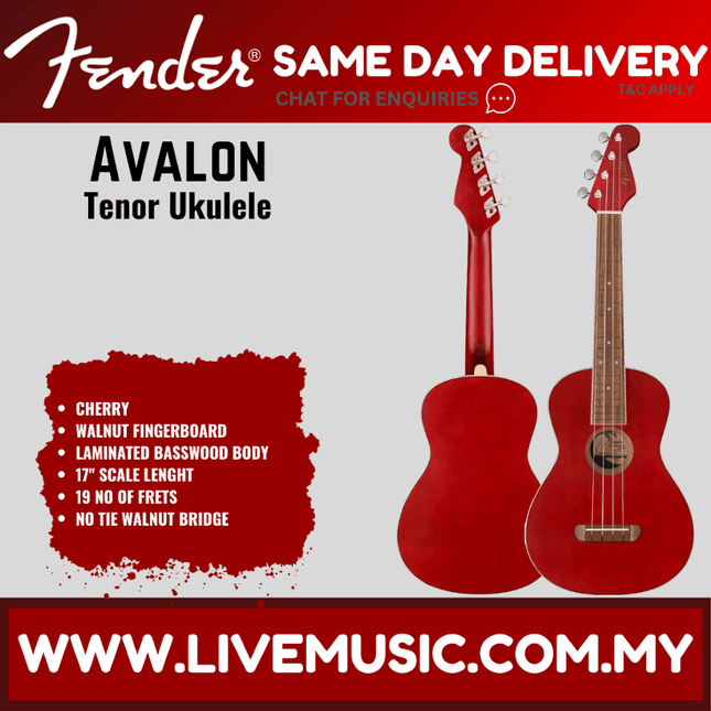 Fender Avalon tenor ukulele in cherry red finish with walnut fingerboard.
