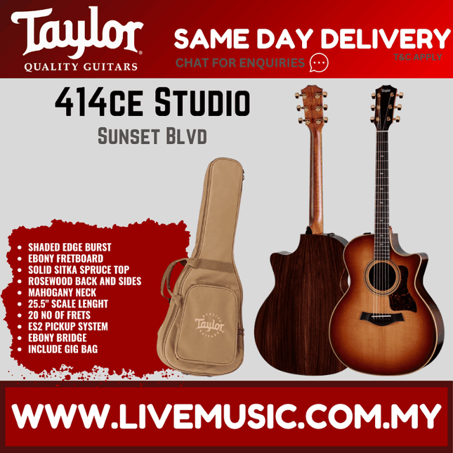 Sunset-burst acoustic guitar with tan gig bag, Taylor headstock and natural pickguard