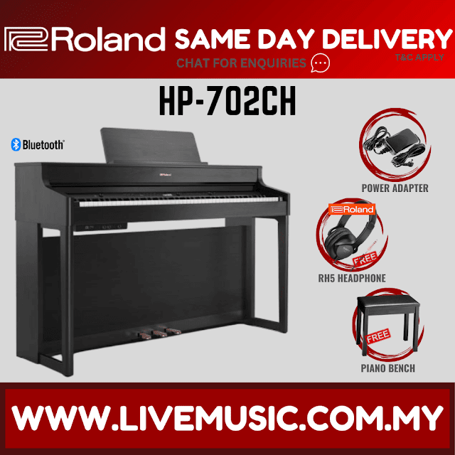Roland HP702 88-keys Digital Piano with Bench, Stand, RH-5 Headphone, 3 Pedal, Note Stand and Adapter - Black ( HP-702 )
