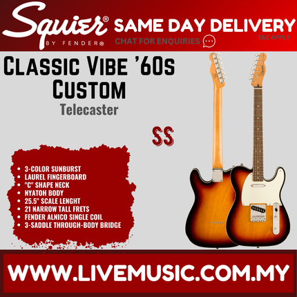 Squier Classic Vibe 60s Custom Telecaster Electric Guitar, Laurel Fretboard - 3-Tone Sunburst