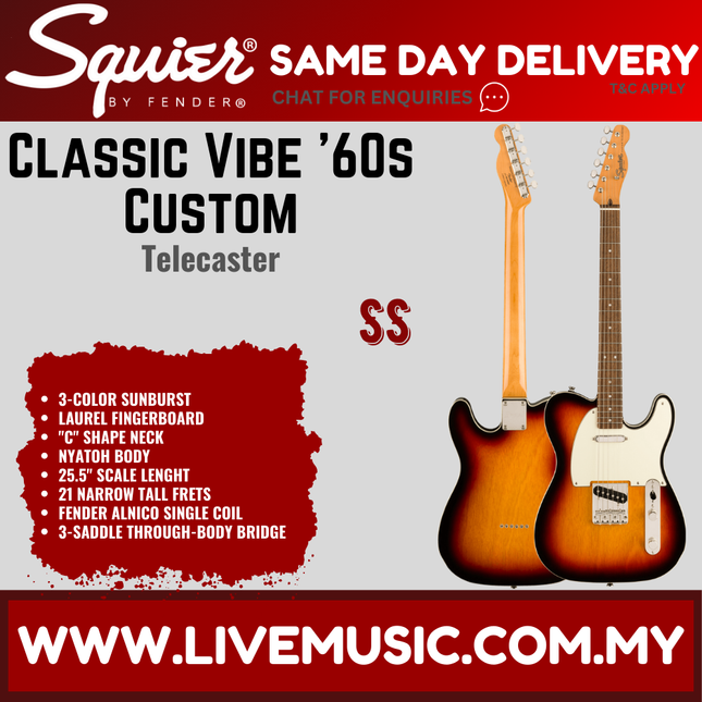 Squier Classic Vibe 60s Custom Telecaster Electric Guitar, Laurel Fretboard - 3-Tone Sunburst