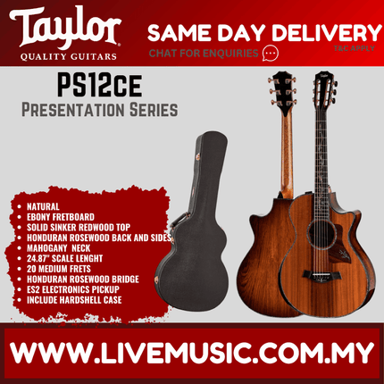 Taylor PS12ce V-Class  Presentation Series Honduran RW/Sinker Redwood Grand Concert Acoustic Guitar ( PS12ce-V / PS12ceV )
