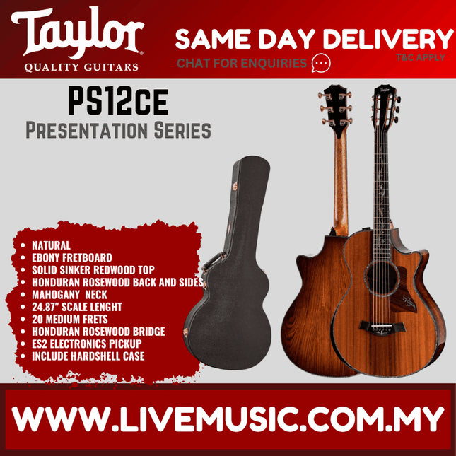 Redwood acoustic-electric guitar with black V-class case and built-in pickup