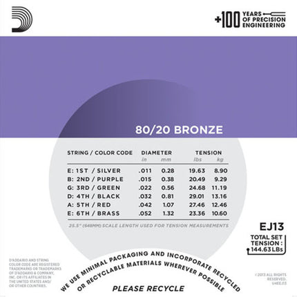 D'Addario EJ13 - 80/20 Bronze Acoustic Strings, Custom Light (11-52)(DAddario)