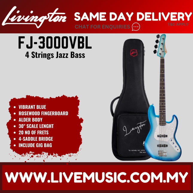 Livingston JB-3000 4-String Jazz Bass Guitar, Rosewood Fretboard, w/Gig Bag ( JB 3000 JB3000 / FJ 3000 FJ3000 )