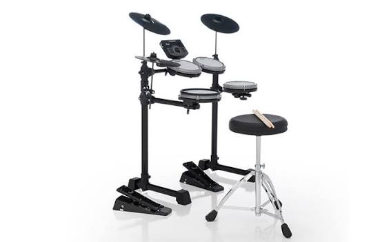 Electronic drumkit with black pads, cymbals, and kick pedal stand
