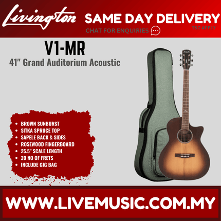 Livingston V1-M V1-MR GA Body 41" Solid Sitka Spruce Acoustic Guitar, Rosewood FB, Brown Sunburst / Natural ( V1MR V1M)