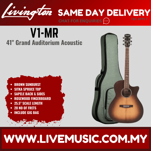Livingston V1-M V1-MR GA Body 41" Solid Sitka Spruce Acoustic Guitar, Rosewood FB, Brown Sunburst / Natural ( V1MR V1M)