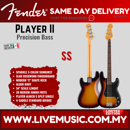 Fender Limited Edition Player II Precision Bass Guitar, RW FB, Sparkle 3-Color Sunburst
