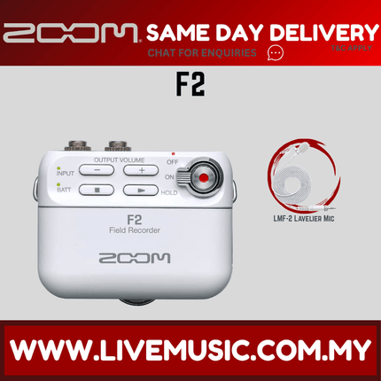 Zoom F2 Field Recorder With Lavalier Microphone With LMF-2 Lavalier Mic- White (F 2/F-2)