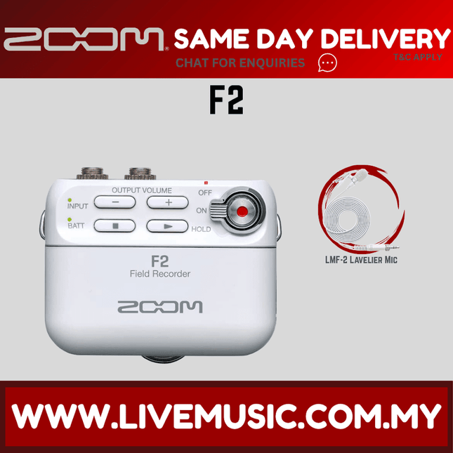 Zoom F2 Field Recorder With Lavalier Microphone With LMF-2 Lavalier Mic- White (F 2/F-2)