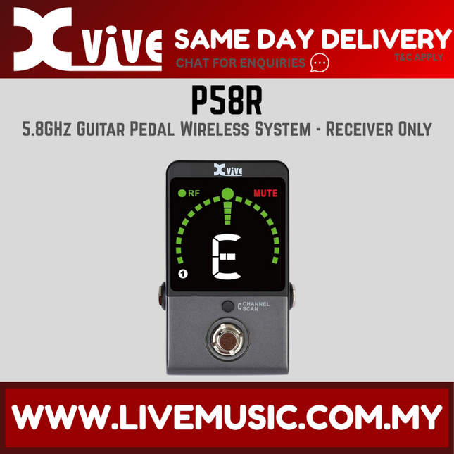 Xvive P58R 5.8GHz wireless guitar receiver, black front panel with RF and MUTE LEDs