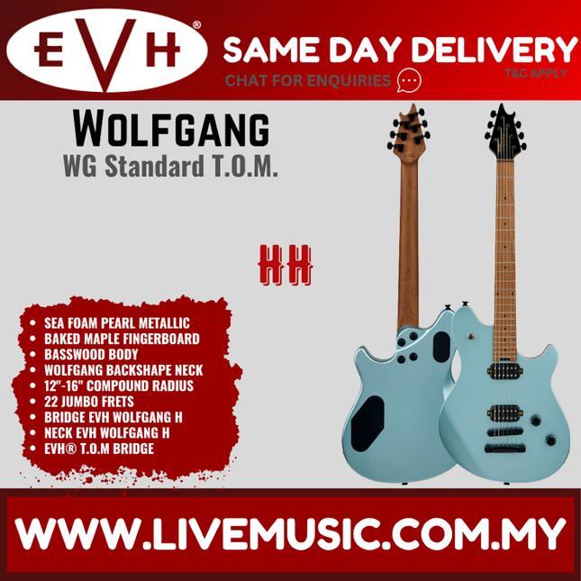 EVH Wolfgang Standard TOM Electric Guitar, Baked Maple FB, Sea Foam Pearl Metallic / Cream White / Gloss Black