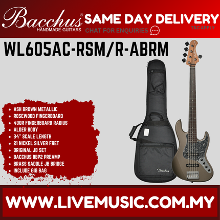 Bacchus WL605AC-RSM/R-ABRM Universe Series Roasted Maple Electric Bass, Ash Brown Metallic ( WL605ACRSMR / WL605AC RSMR )