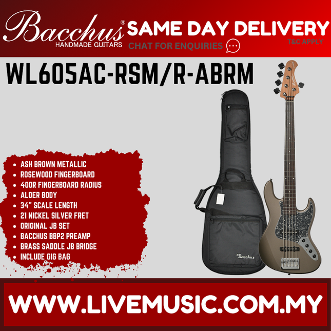 Bacchus WL605AC-RSM/R-ABRM Universe Series Roasted Maple Electric Bass, Ash Brown Metallic ( WL605ACRSMR / WL605AC RSMR )