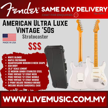 Fender American Ultra Luxe Vintage 50s Stratocaster Electric Guitar, Maple FB, White Blonde