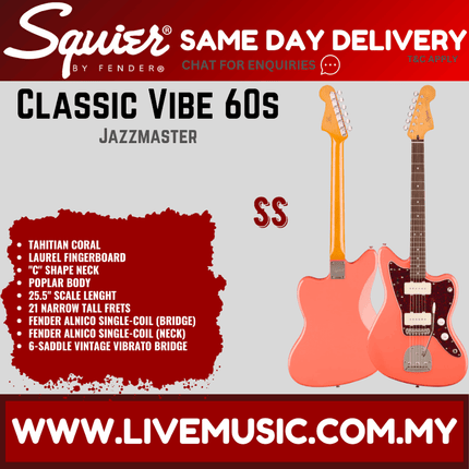 Squier Classic Vibe 60s Jazzmaster Electric Guitar, Laurel FB, Tahitian Coral