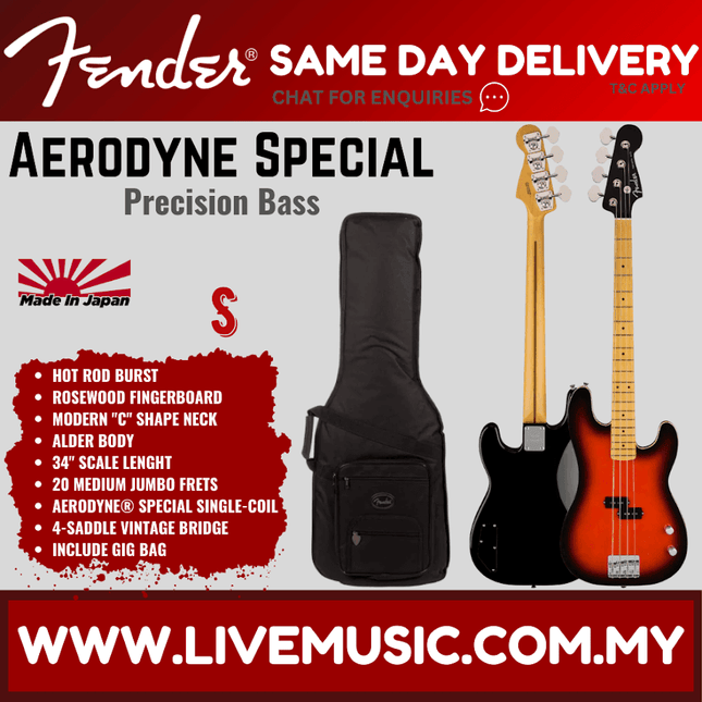 Fender Aerodyne Special Precision Bass Guitar, Maple FB, Hot Rod Burst