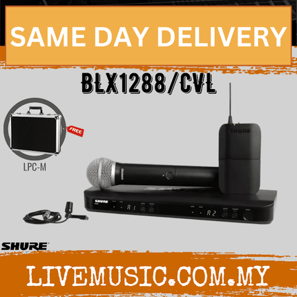 Shure BLX1288/CVL Dual Channel Combo Wireless System, BLX88 Receiver, BLX1 Bodypack Transmitter, BLX2/PG58 Handheld Cardioid Dynamic Mic & CVL Cardioid Condenser Lavalier Mic ( BLX1288-CVL / BLX1288CV