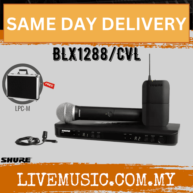 Shure BLX1288/CVL Dual Channel Combo Wireless System, BLX88 Receiver, BLX1 Bodypack Transmitter, BLX2/PG58 Handheld Cardioid Dynamic Mic & CVL Cardioid Condenser Lavalier Mic ( BLX1288-CVL / BLX1288CV