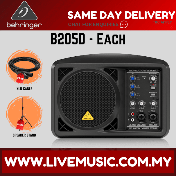Behringer Eurolive B205D 150W 5.25" Powered Monitor Speaker w/Shure SV100 Vocal Microphone, Stand, Cable - Each ( B-205D / B 205D )