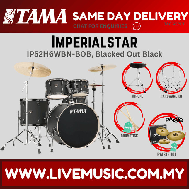 Blacked Out Black drum set with throne and brass cymbals