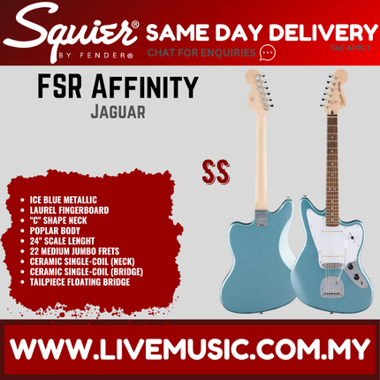 Squier FSR Affinity Series Jaguar Electric Guitar, Laurel FB, Ice Blue Metallic