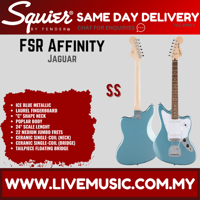 Squier FSR Affinity Series Jaguar Electric Guitar, Laurel FB, Ice Blue Metallic