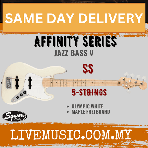 Squier Affinity Series 5-String Jazz Bass Guitar, Maple Fretboard - Olympic White