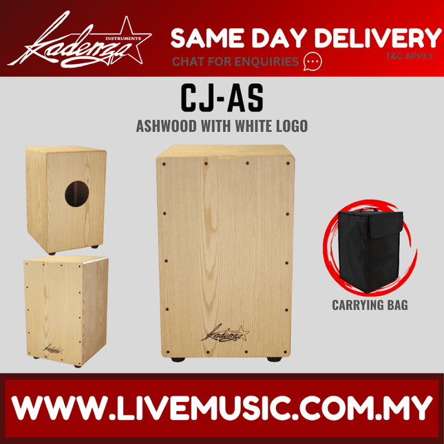 Ashwood wooden cajon drum with round sound hole and white logo, with carry bag