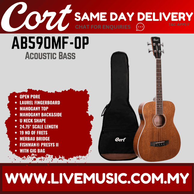 Cort AB590MF-OP 4 String Concert Mahogany Acoustic Bass Guitar With Bag - Open Pore (AB590MFOP/AB590MF OP)