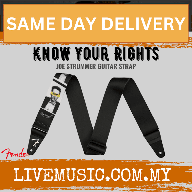 Fender Joe Strummer guitar strap, black webbing with white graphic label and adjusters