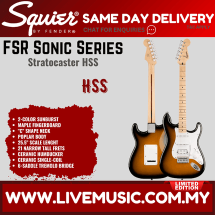 Squier FSR Sonic Stratocaster HSS Electric Guitar w/White Pickguard, Maple FB, 2-Color Sunburst
