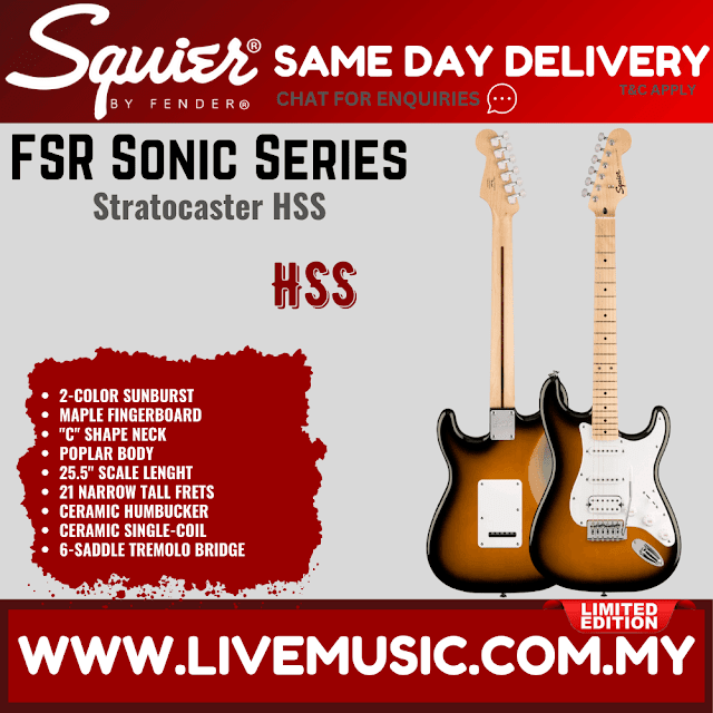 Squier FSR Sonic Stratocaster HSS Electric Guitar w/White Pickguard, Maple FB, 2-Color Sunburst