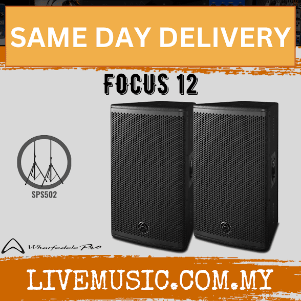 Black 12-inch 2-way passive loudspeaker cabinet pair, front view
