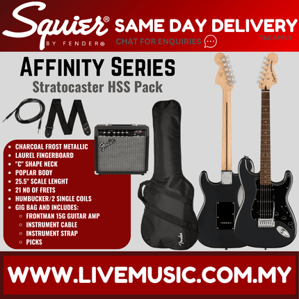 Squier Affinity Series HSS Stratocaster Guitar Pack with Frontman 15G , Laurel Fretboard - Charcoal Frost Metallic