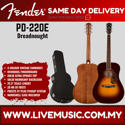 Fender PD-220E Dreadnought Electro Acoustic Guitar, Aged Cognac Burst / Natural / 3 Colour Vintage Sunburst ( PD220E )