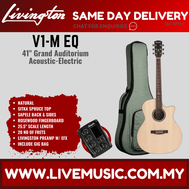 Livingston V1-M-EQ V1-MR-EQ GA Body 41" Solid Sitka Spruce Acoustic Guitar, Rosewood FB, Brown Sunburst / Natural ( V1MR V1M)