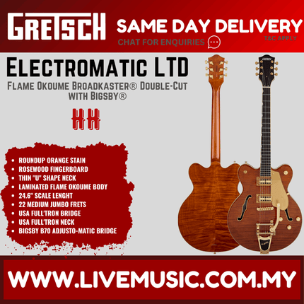 Gretsch Electromatic LTD Flame Okoume Broadkaster Double-Cut Guitar w/Bigsby, RW FB, Roundup Orange