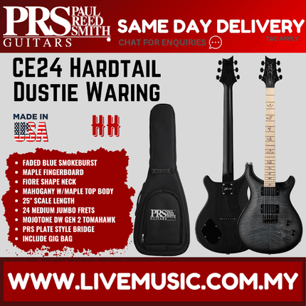 PRS Dustie Waring CE24 Hardtail Limited Edition Electric Guitar w/Bag, (CE24)-Faded Blue Smokeburst
