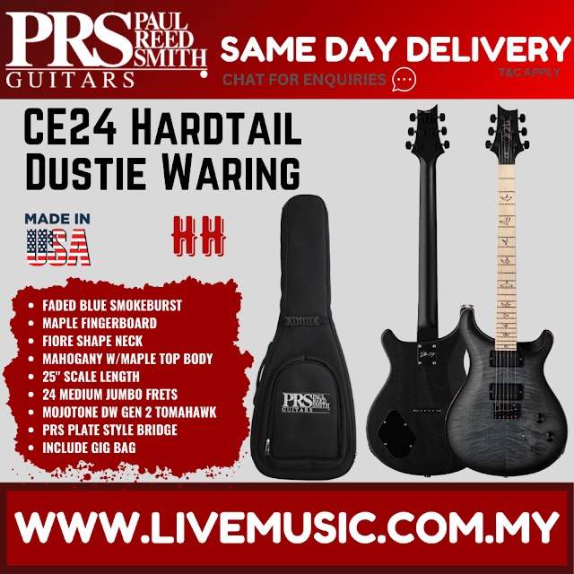 PRS Dustie Waring CE24 Hardtail Limited Edition Electric Guitar w/Bag, (CE24)-Faded Blue Smokeburst