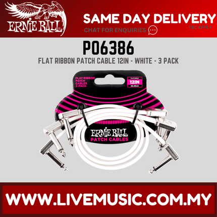 Ernie Ball 6386 Flat Ribbon Pedalboard Patch Cable, Right Angle to Right Angle, White, 12 Inch, 3-pack