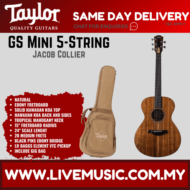 Hawaiian koa acoustic-electric 5-string guitar with headstock and beige gig bag